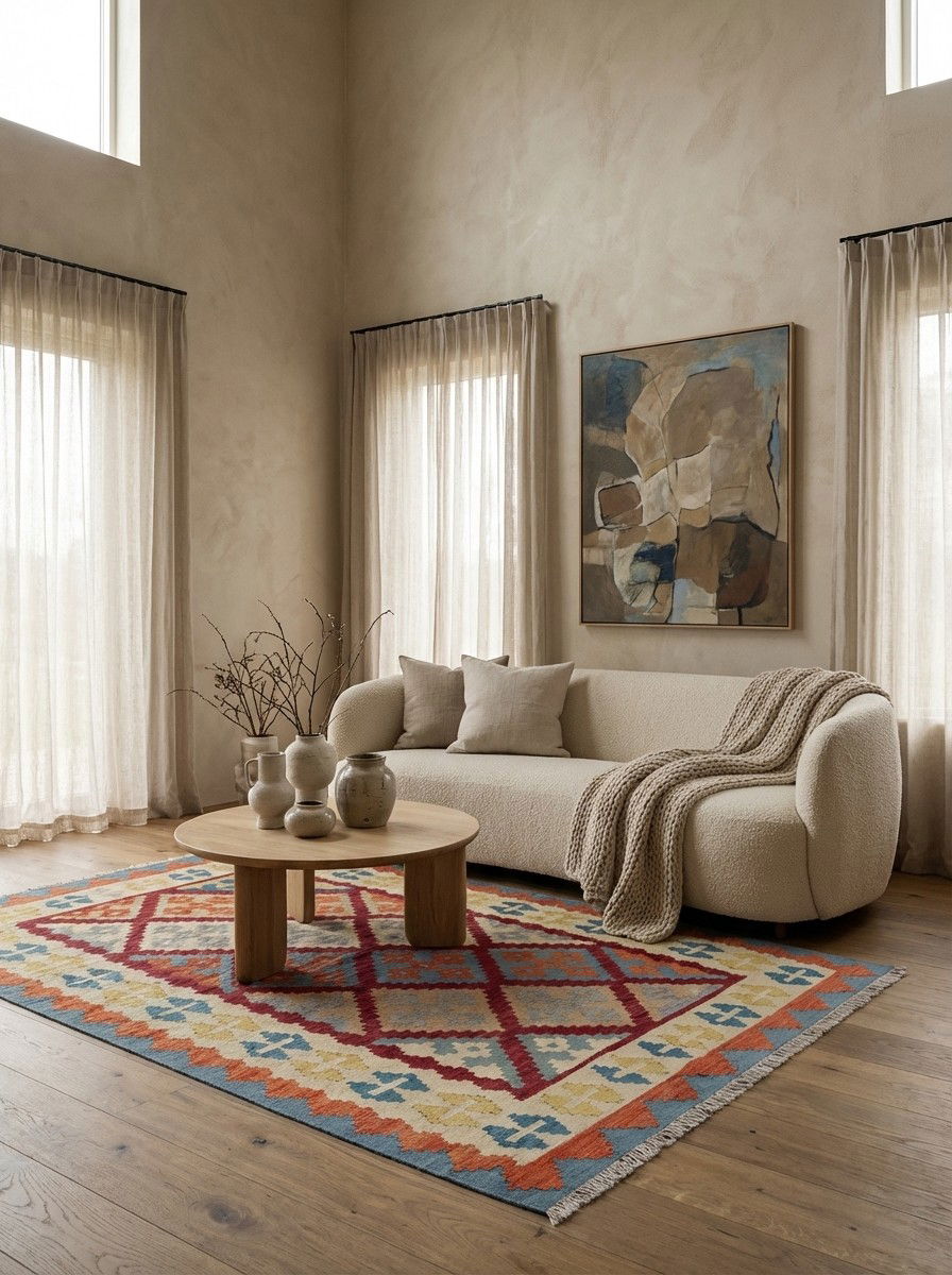 Kelim Gashgai — Handgefertigt, 172x121 cm, Beige, 100% Virgin Wool | Detail view