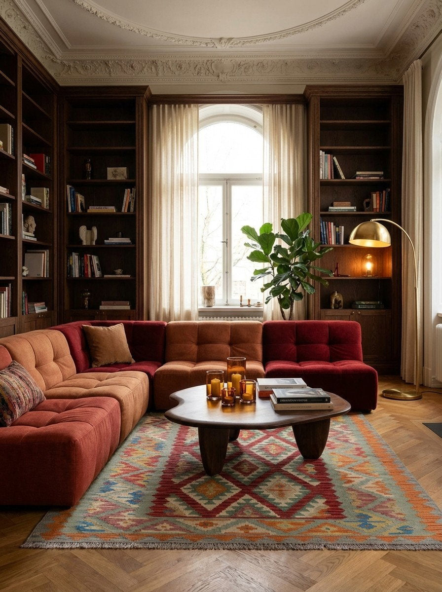 Kelim Gashgai — Handgefertigt, 197x158 cm, Beige, 100% Virgin Wool | Back view