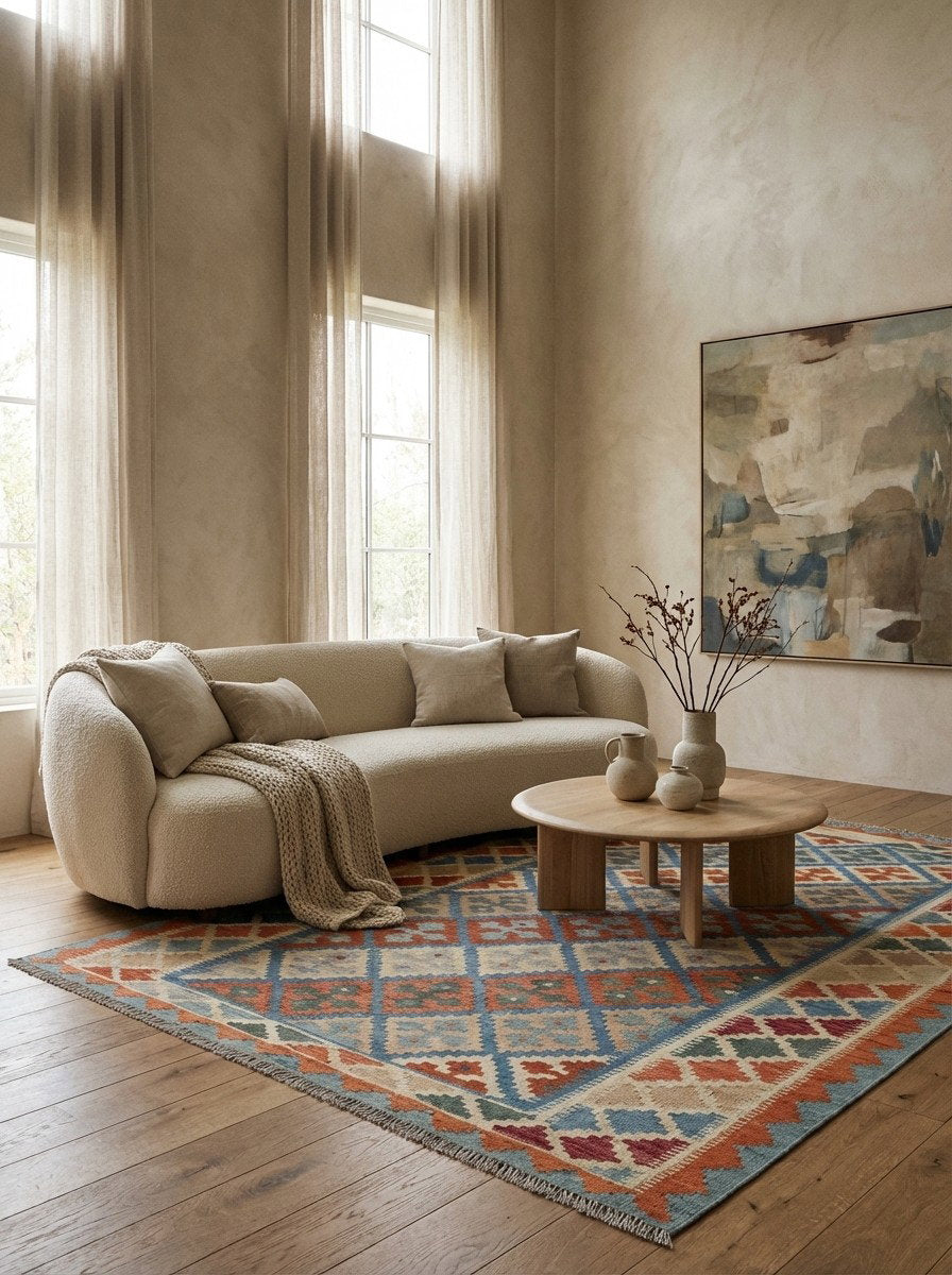 Kelim Gashgai — Handgefertigt, 213x157 cm, Beige, 100% Virgin Wool | Detail view