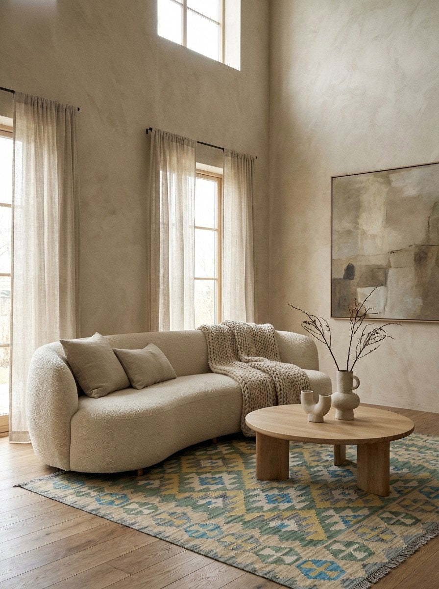 Kelim Gashgai — Handgefertigt, 231x170 cm, Beige, 100% Virgin Wool | Detail view