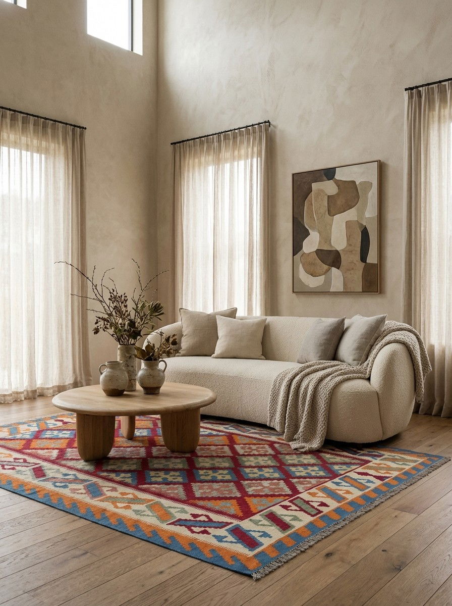 Kelim Gashgai — Handgefertigt, 235x177 cm, Beige, 100% Virgin Wool | Detail view