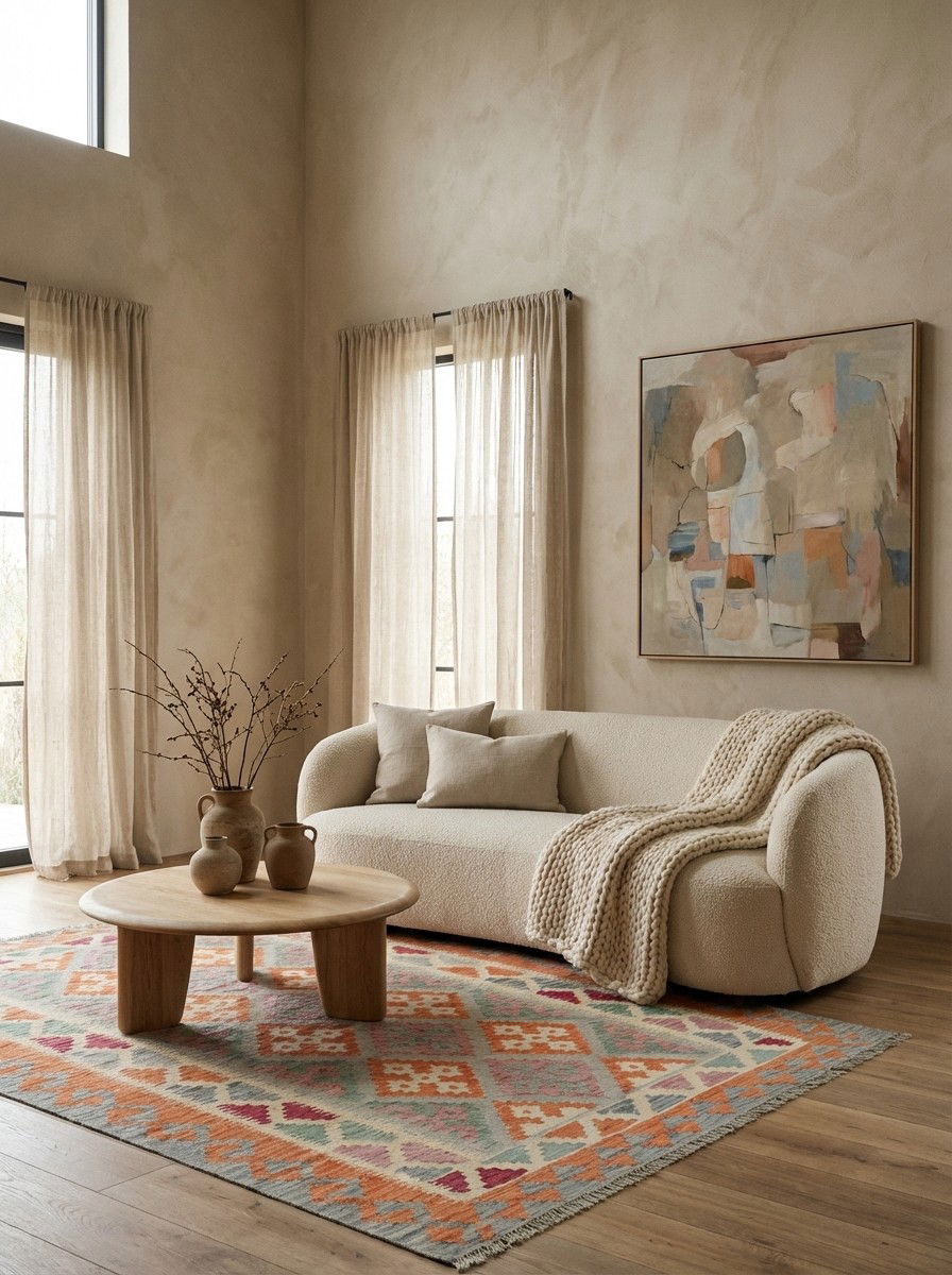 Kelim Gashgai — Handgefertigt, 256x182 cm, Beige, 100% Virgin Wool | Detail view