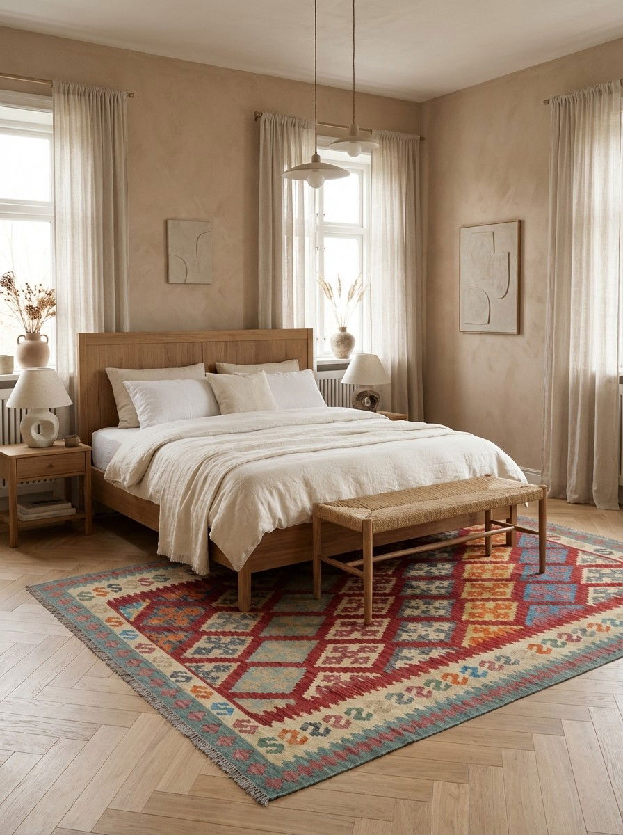 Kelim Gashgai — Handgefertigt, 293x213 cm, Beige, 100% Virgin Wool | Detail view