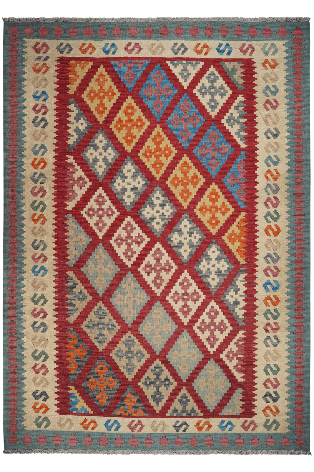 Kelim Gashgai — Handmade, 213x293 cm, Red, 100% Virgin Wool | Main view