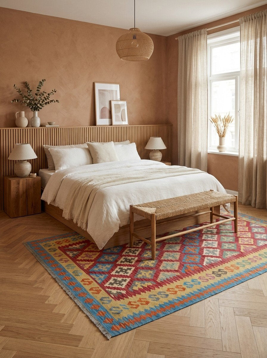 Kelim Gashgai — Handgefertigt, 297x206 cm, Gelb, 100% Virgin Wool | Detail view