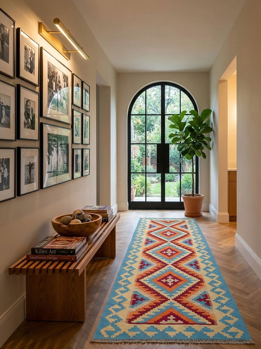 Kelim Gashgai — Handgefertigt, 240x84 cm, Blau, 100% Virgin Wool | Detail view