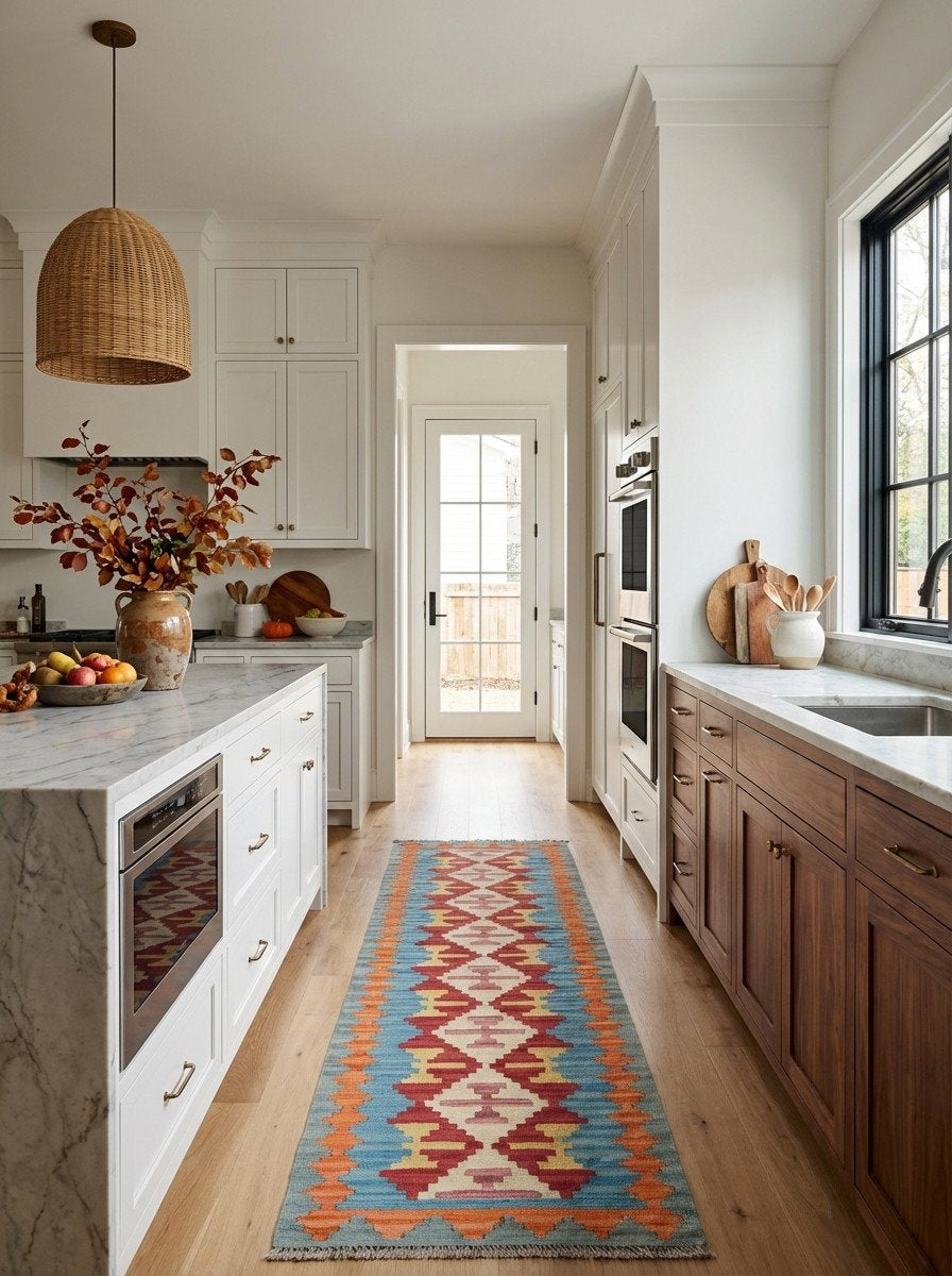 Kelim Gashgai — Handgefertigt, 193x60 cm, Orange, 100% Virgin Wool | Back view