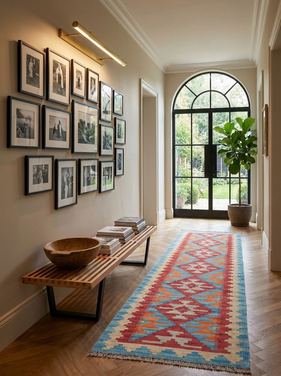 Kelim Gashgai — Handgefertigt, 192x58 cm, Beige, 100% Virgin Wool | Detail view