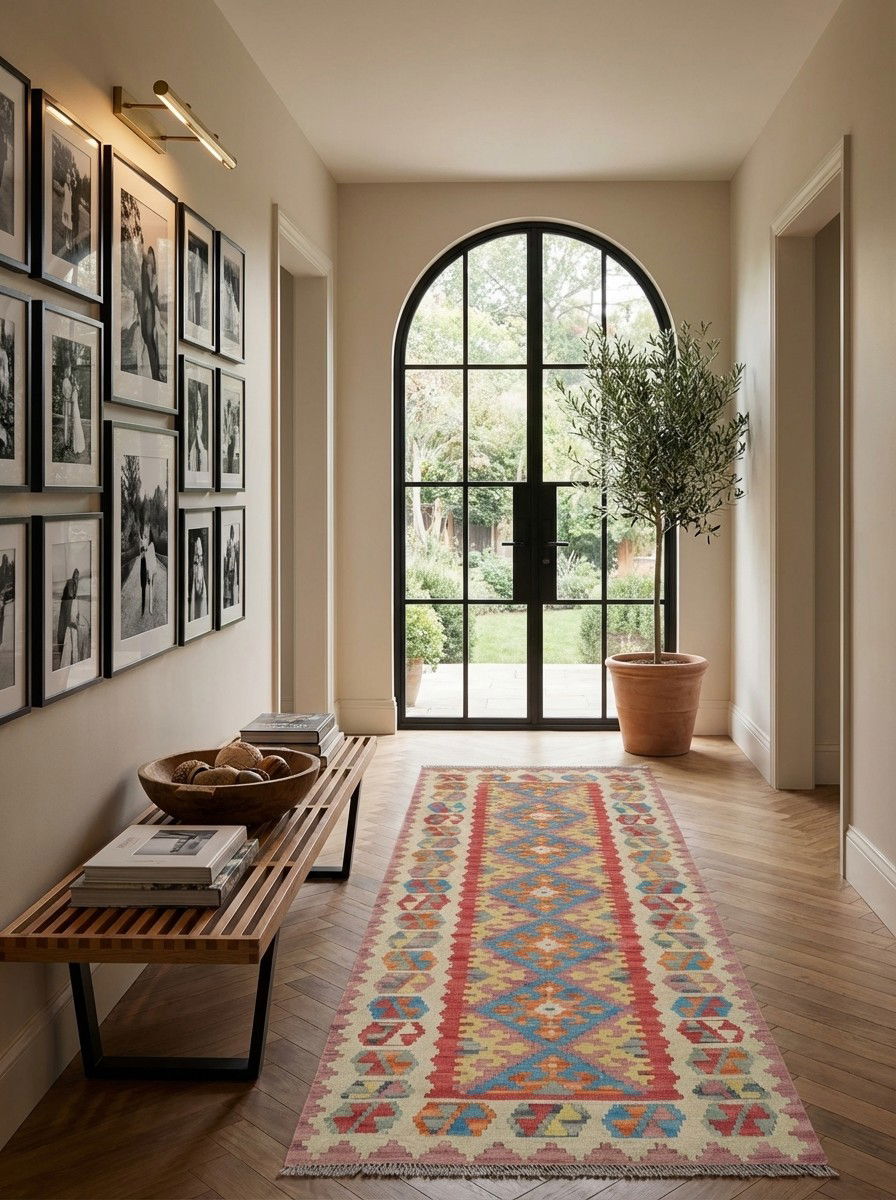 Kelim Gashgai — Handgefertigt, 240x85 cm, Beige, 100% Virgin Wool | Detail view