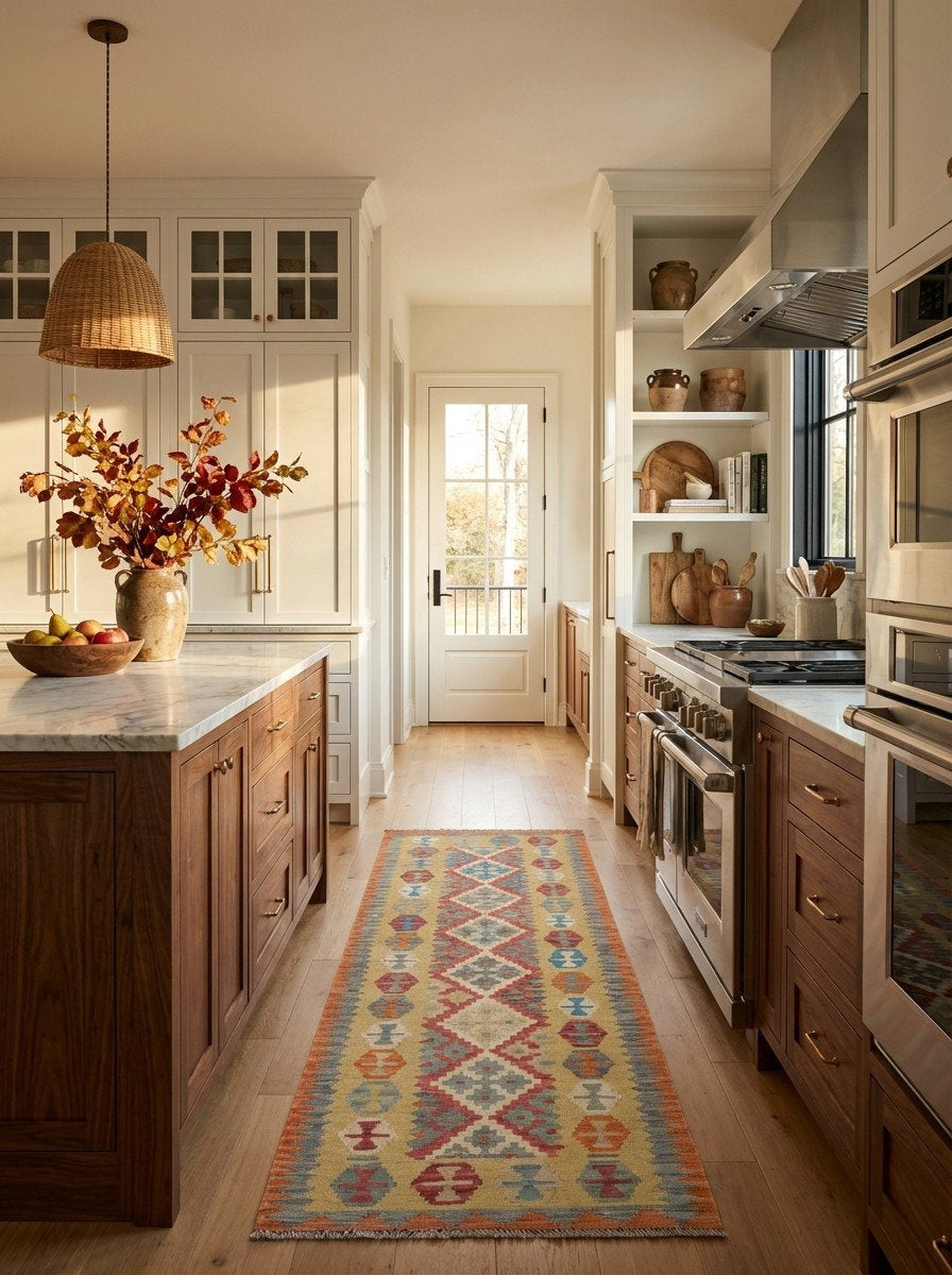 Kelim Gashgai — Handgefertigt, 245x86 cm, Grün, 100% Virgin Wool | Back view