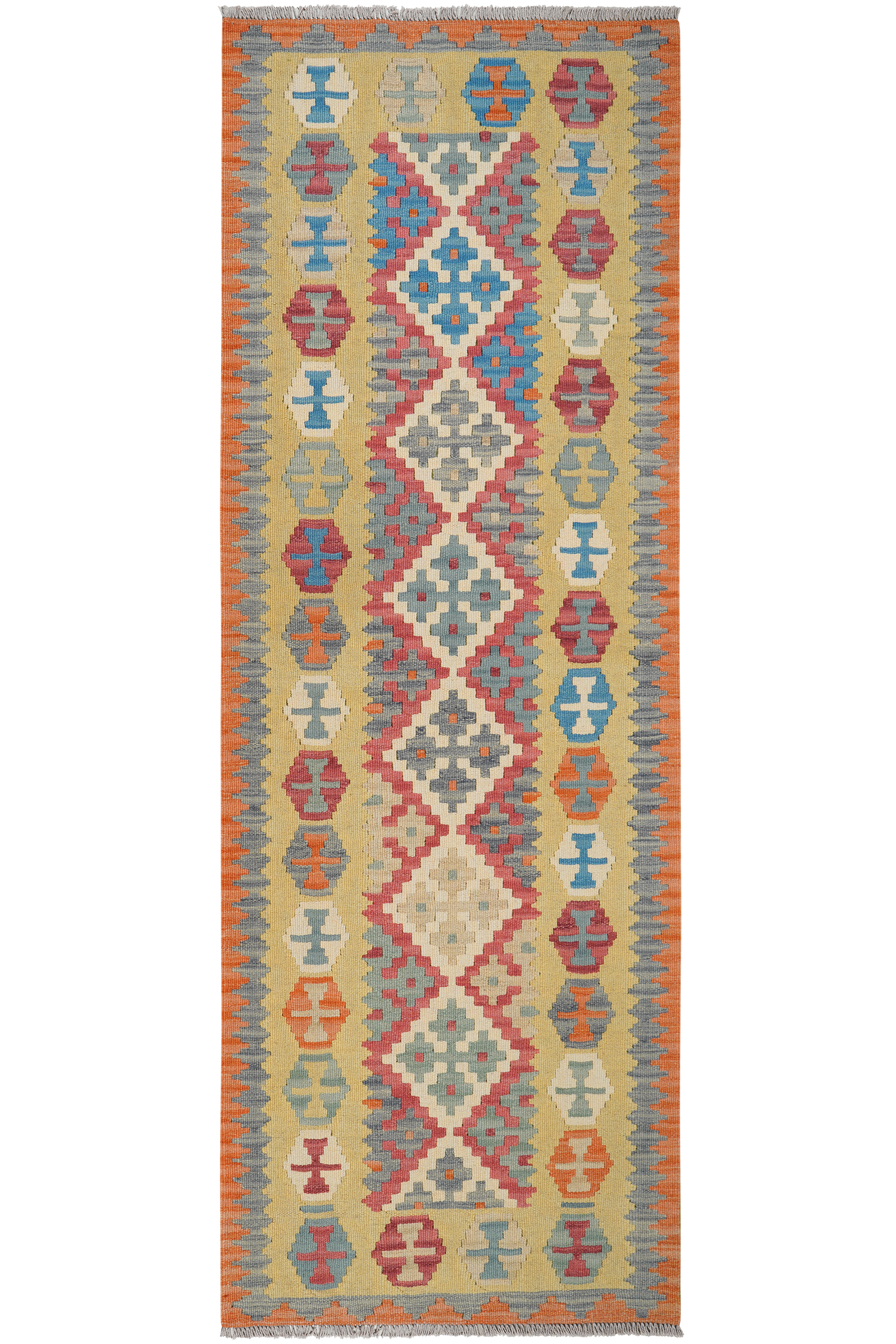 Kelim Gashgai — Handgefertigt, 245x86 cm, Grün, 100% Virgin Wool | Main view