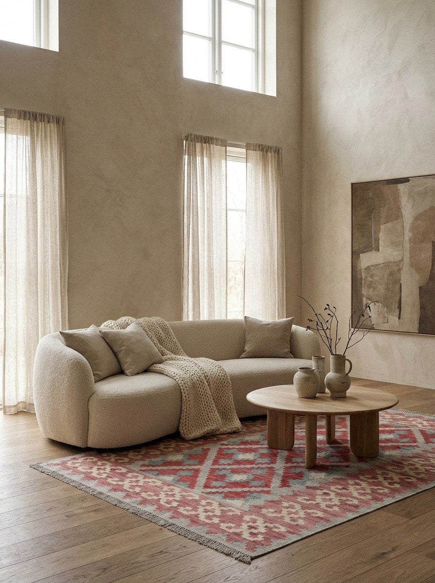 Kelim Gashgai — Handgefertigt, 174x125 cm, Rosa, 100% Virgin Wool | Detail view