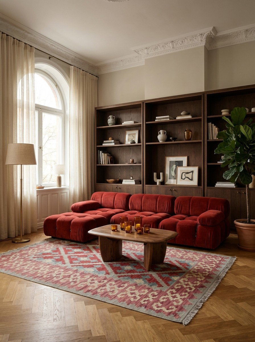 Kelim Gashgai — Handgefertigt, 174x125 cm, Rosa, 100% Virgin Wool | Back view