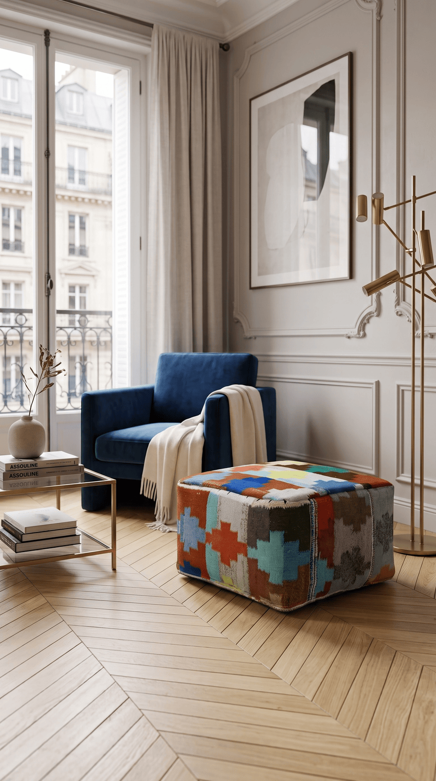 Kelim Pouf — Handmade, 65x65 cm, Multicolor, 100% Virgin Wool | Detail view