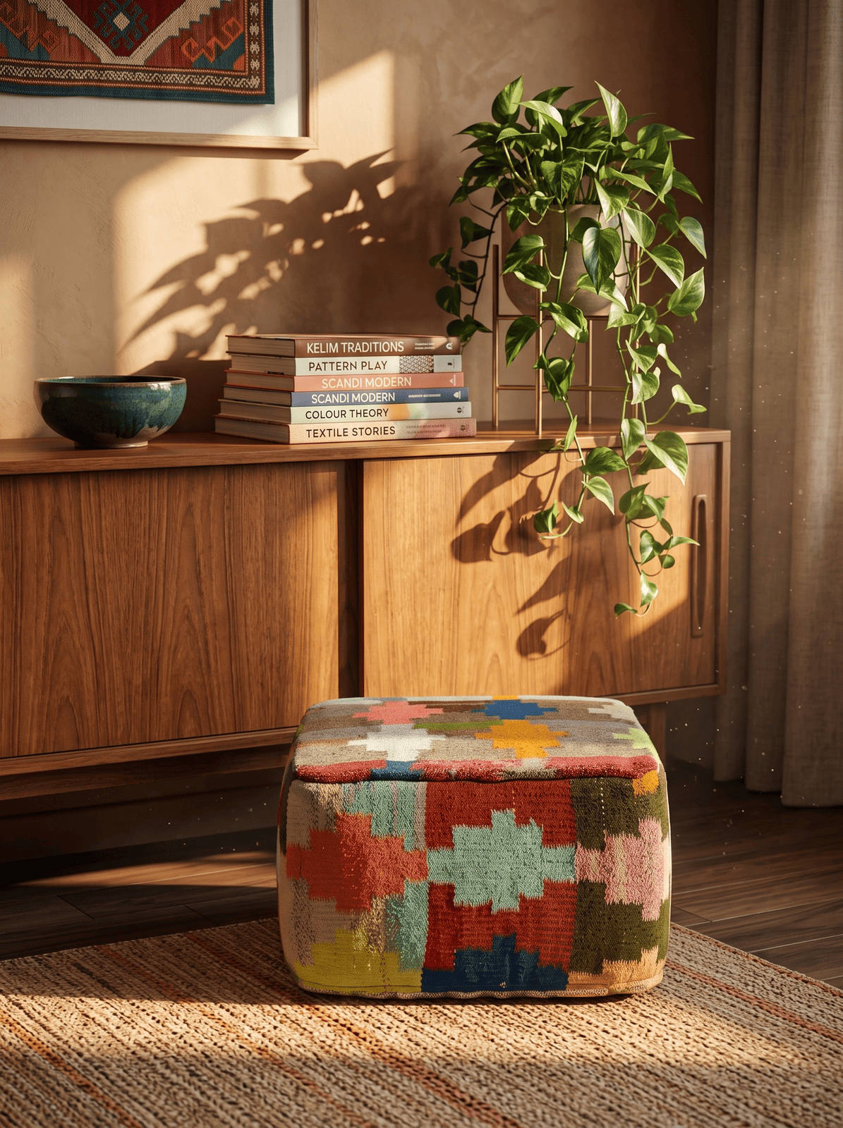 Kelim Pouf — Handmade, 65x65 cm, Multicolor, 100% Virgin Wool | Back view