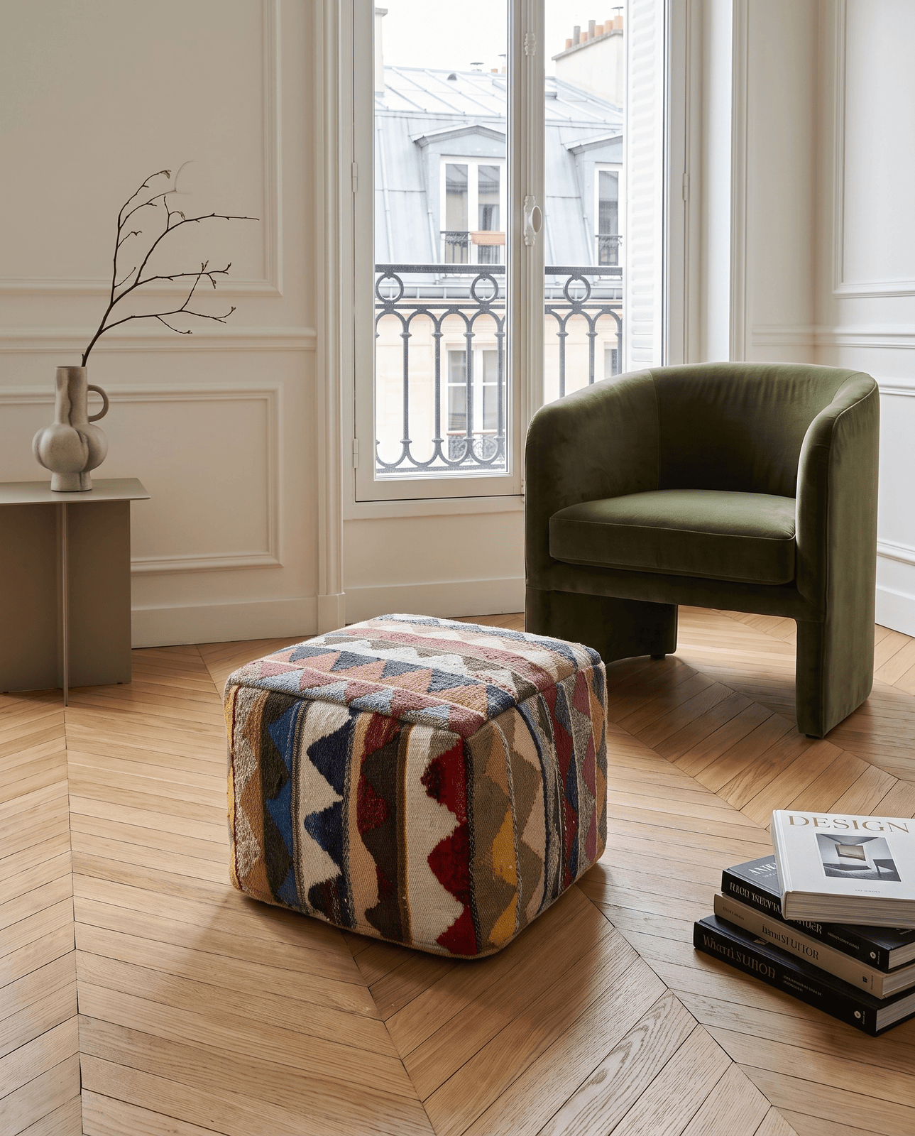 Kelim Pouf — Handmade, 65x65 cm, Multicolor, 100% Virgin Wool | Detail view