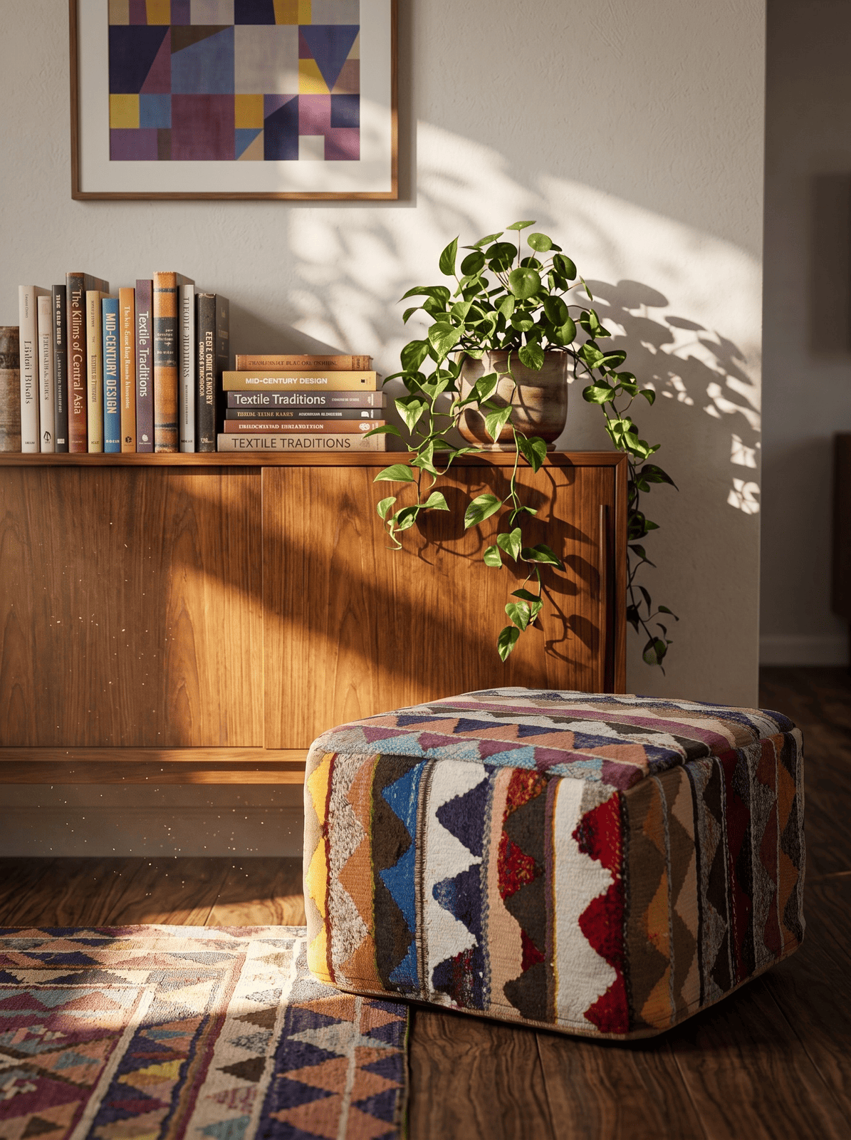 Kelim Pouf — Handmade, 65x65 cm, Multicolor, 100% Virgin Wool | Back view