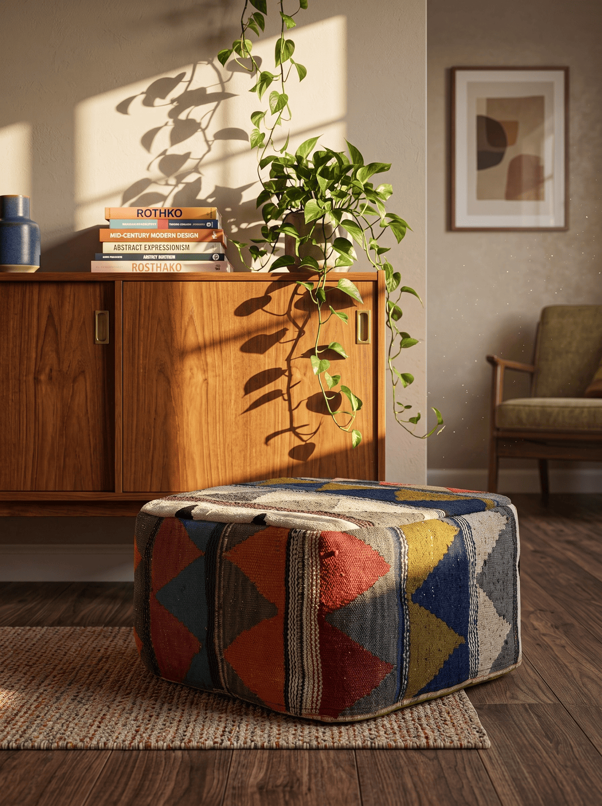 Kelim Pouf — Handmade, 65x65 cm, Multicolor, 100% Virgin Wool | Back view