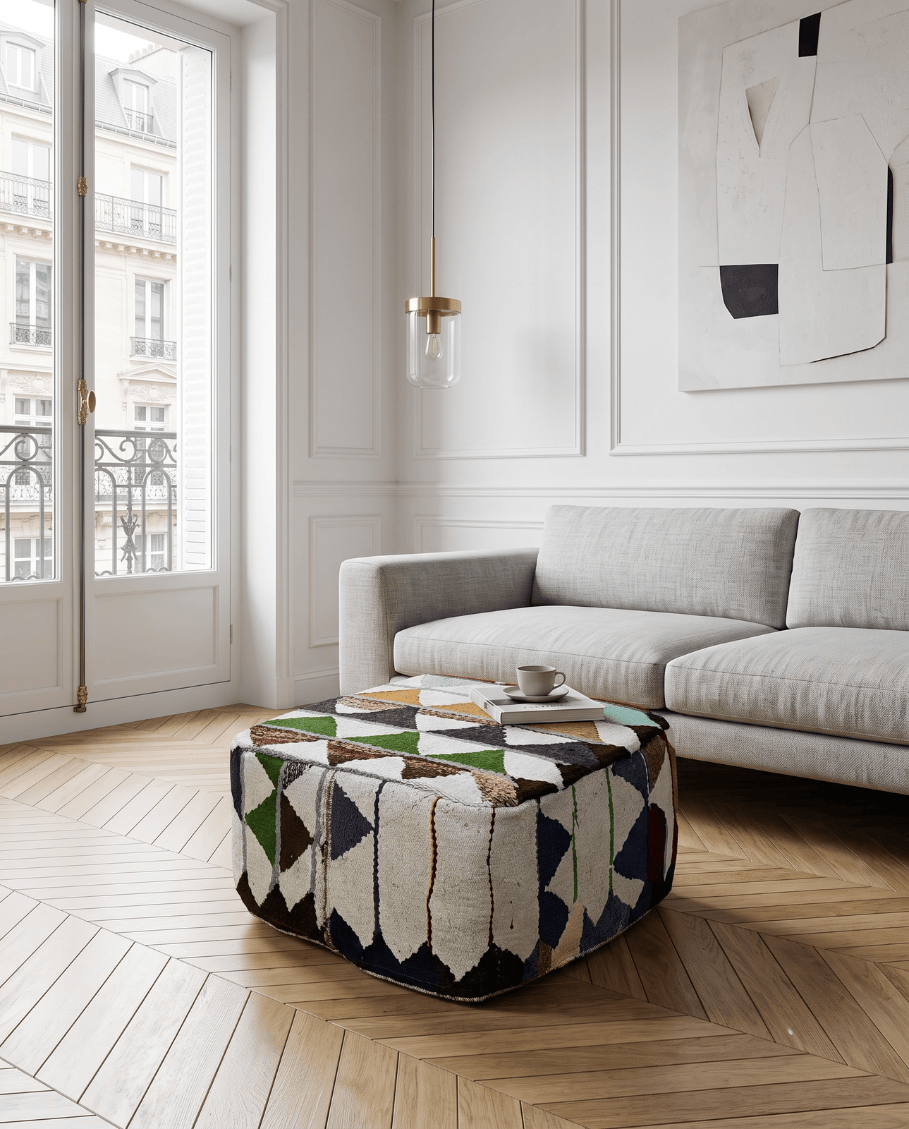 Kelim Pouf — Handmade, 65x65 cm, Multicolor, 100% Virgin Wool | Detail view