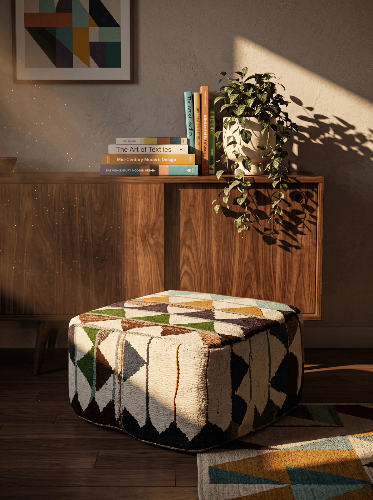Kelim Pouf — Handmade, 65x65 cm, Multicolor, 100% Virgin Wool | Back view