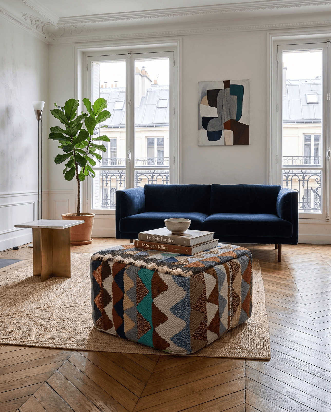 Kelim Pouf — Handmade, 55x55 cm, Multicolor, 100% Virgin Wool | Detail view