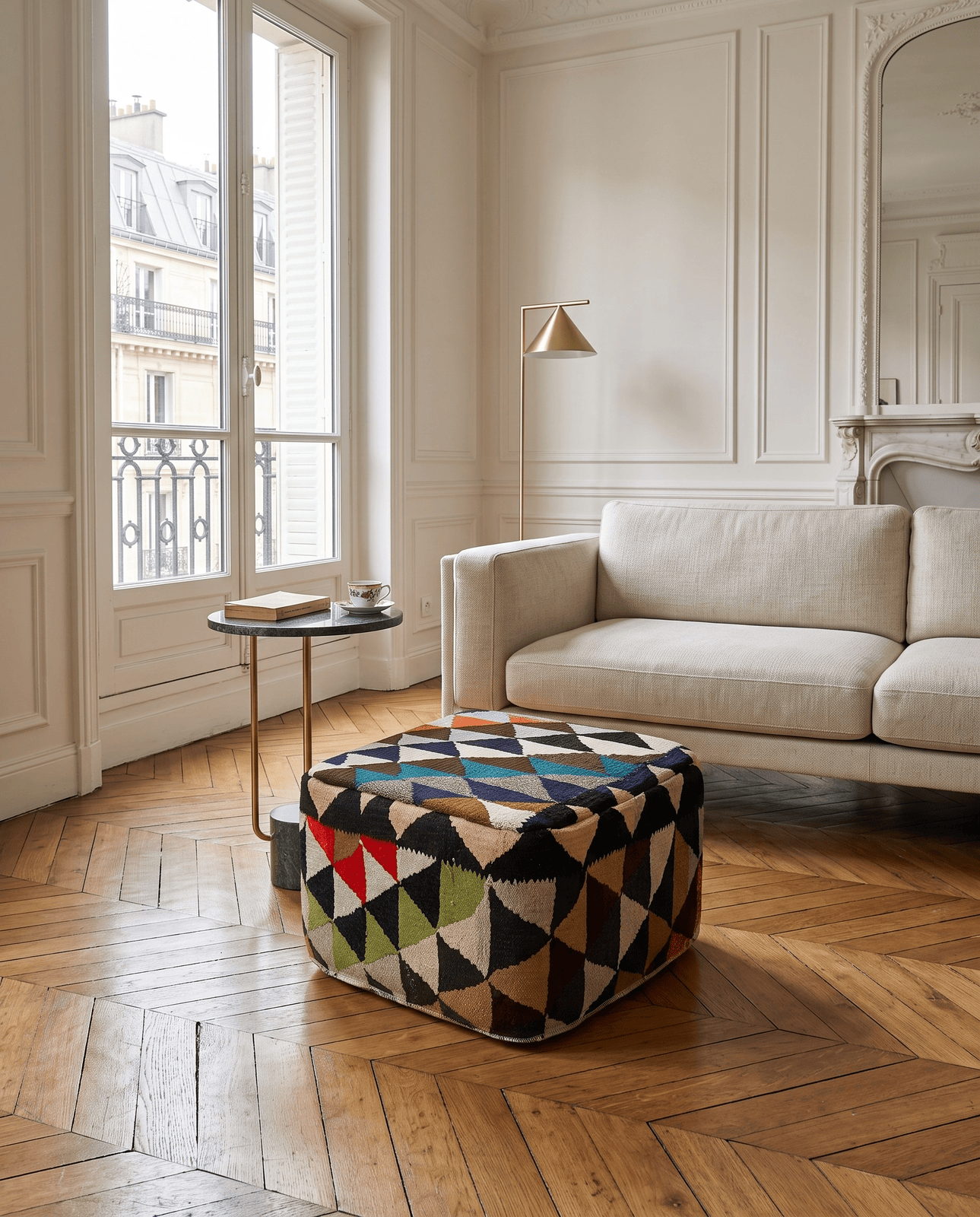 Kelim Pouf — Handmade, 55x55 cm, Multicolor, 100% Virgin Wool | Detail view