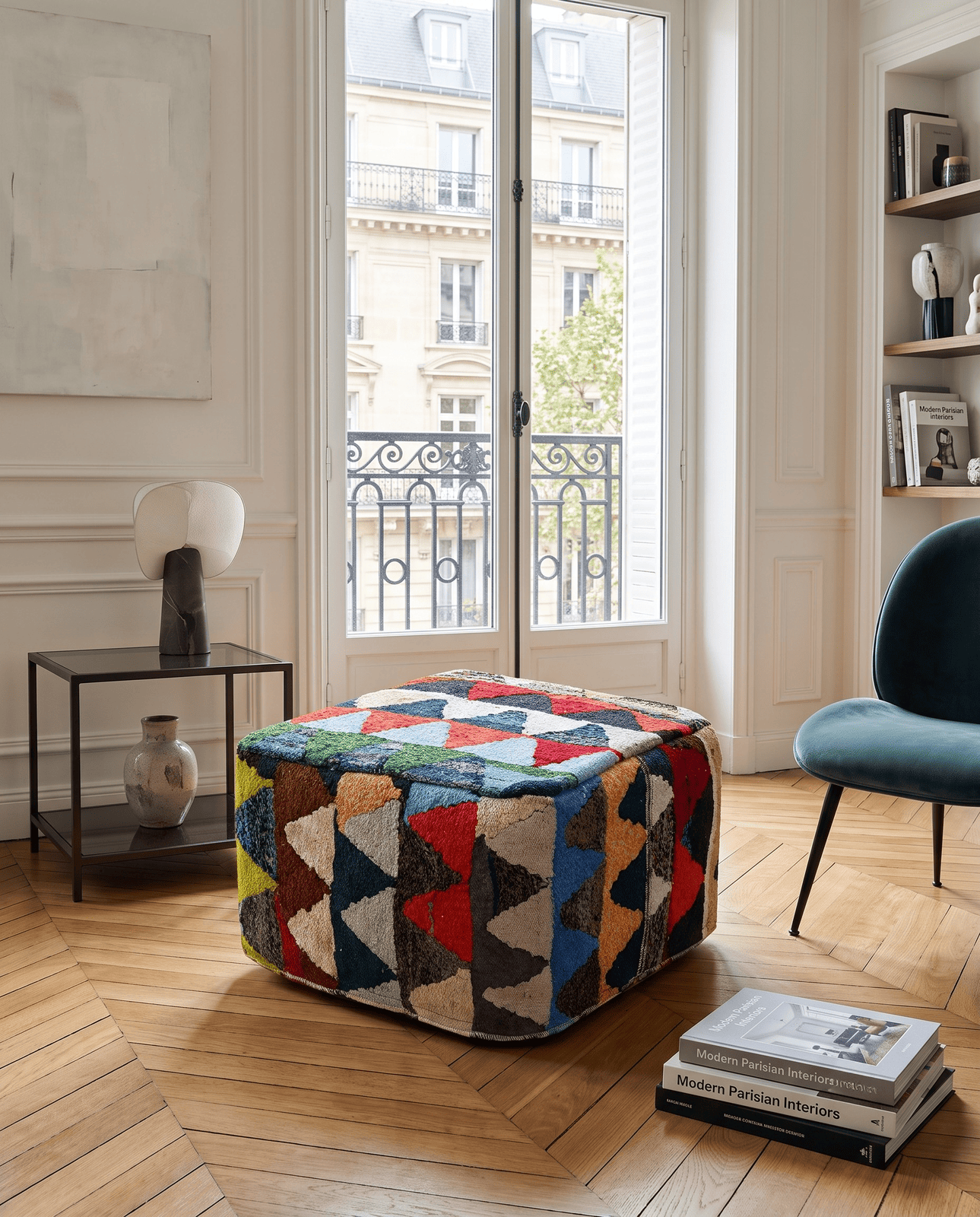 Kelim Pouf — Handmade, 55x55 cm, Multicolor, 100% Virgin Wool | Detail view