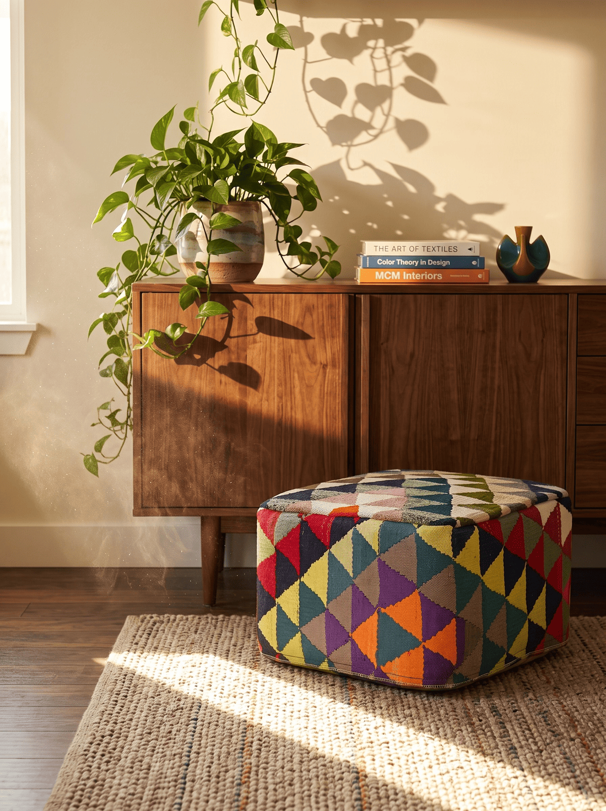 Kelim Pouf — Handmade, 55x55 cm, Multicolor, 100% Virgin Wool | Back view