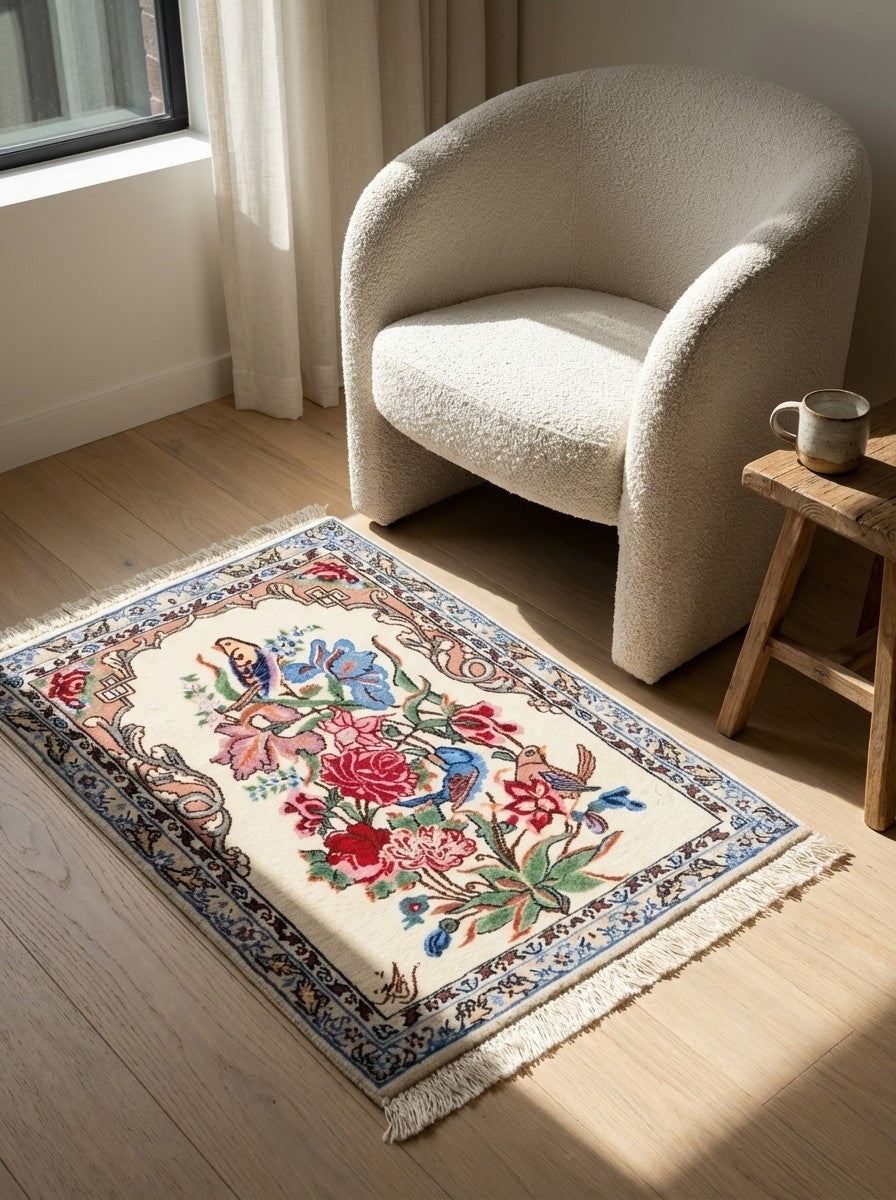 Isfahan — Hand-knotted, 39x53 cm, Beige, 100% Virgin Wool | Detail view