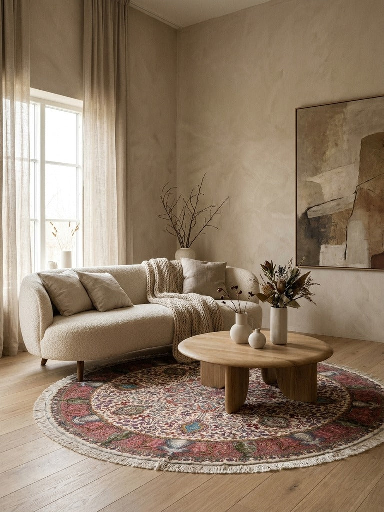 Tabriz Round — Hand-knotted, 204x204 cm, Beige, 100% Virgin Wool | Back view
