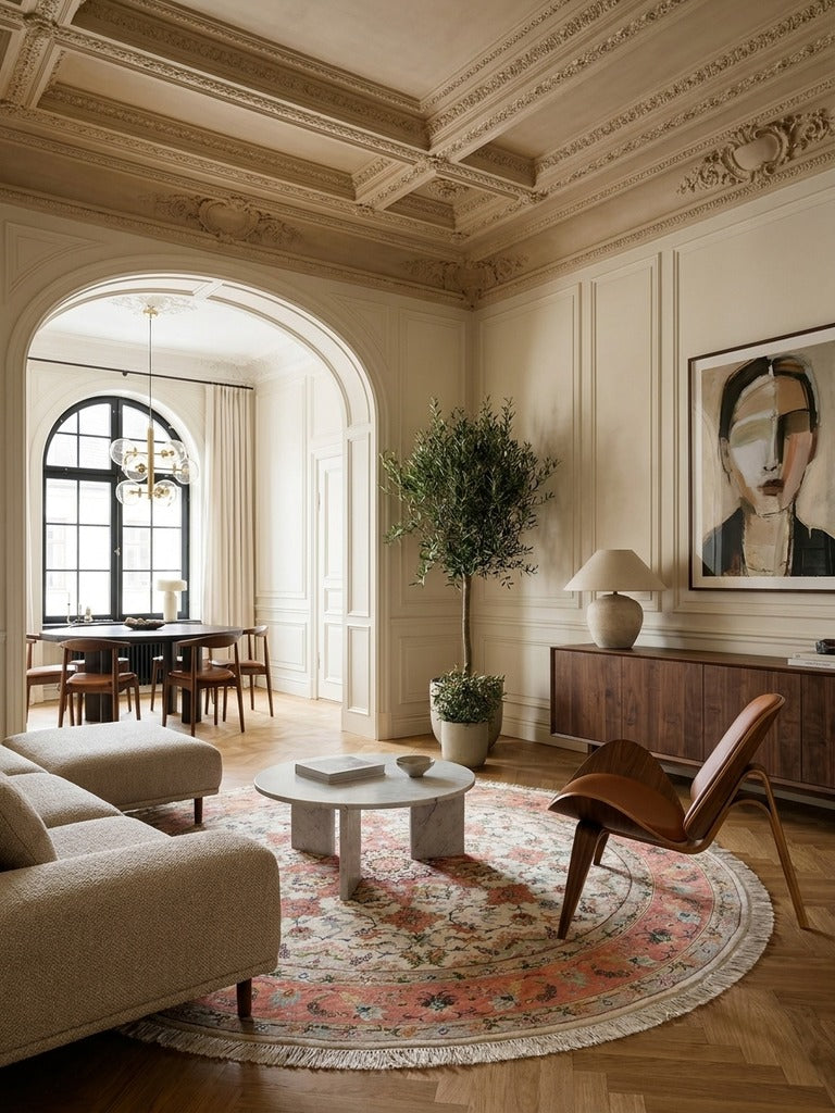 Tabriz Round — Hand-knotted, 200x200 cm, Beige, 70% Schurwolle, 30% Seide | Detail view