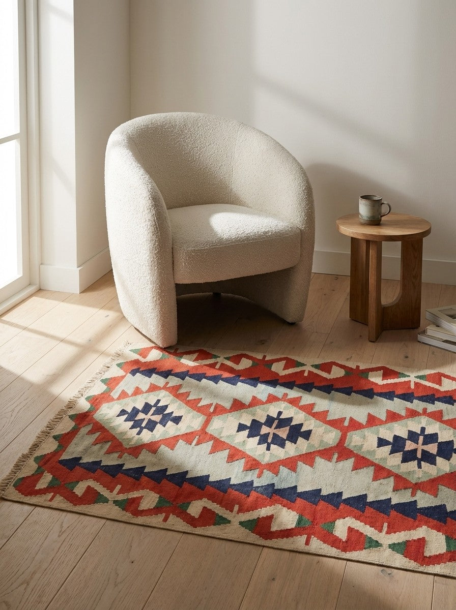 Kelim — Handmade, 114x157 cm, Red, 100% Virgin Wool | Detail view
