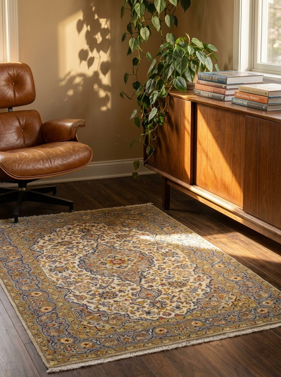 Kashan — Hand-knotted, 113x169 cm, Beige, 100% Virgin Wool | Back view