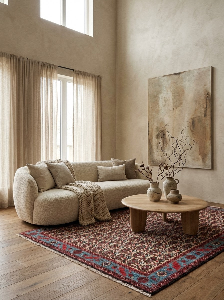Senneh — Hand-knotted, 123x168 cm, Beige, 100% Virgin Wool | Detail view