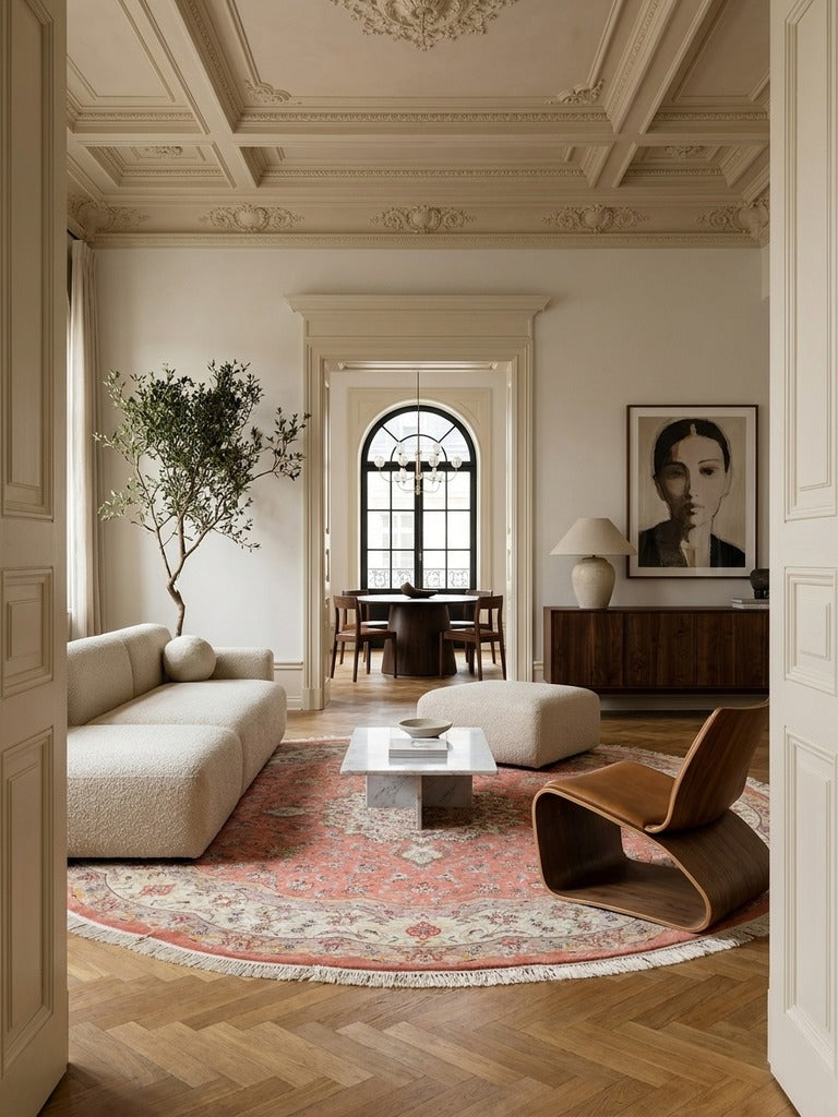 Tabriz Round — Hand-knotted, 246x246 cm, Beige, 90% Schurwolle, 10% Seide | Detail view