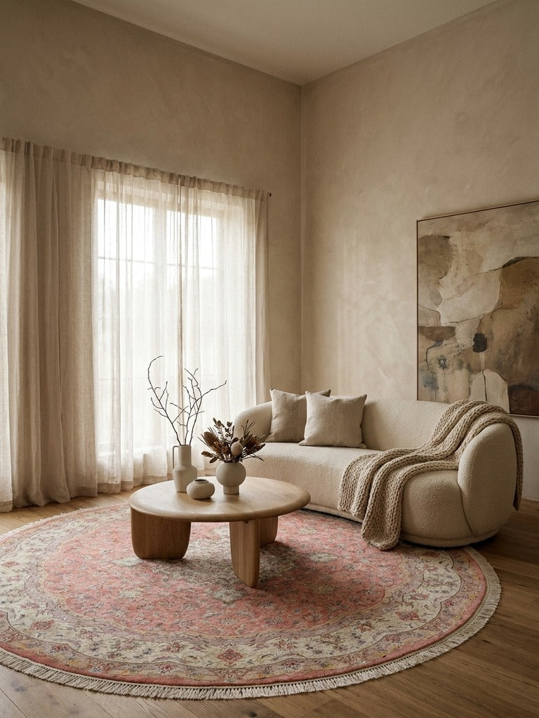 Tabriz Round — Hand-knotted, 246x246 cm, Beige, 90% Schurwolle, 10% Seide | Back view