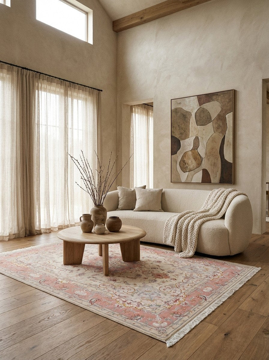 Tabriz 50 Raj — Handgefertigt, 209x152 cm, Rosa, 90% Schurwolle, 10% Seide | Detail view