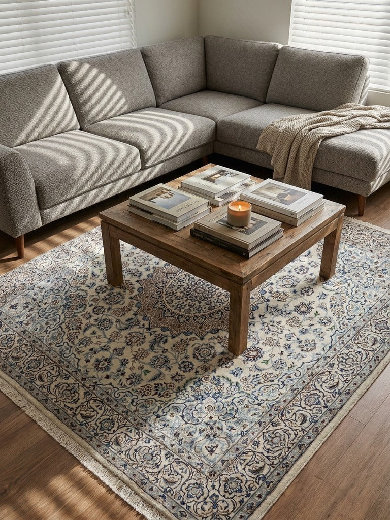 Nain 9La — Hand-knotted, 195x210 cm, Beige, 100% Virgin Wool | Back view