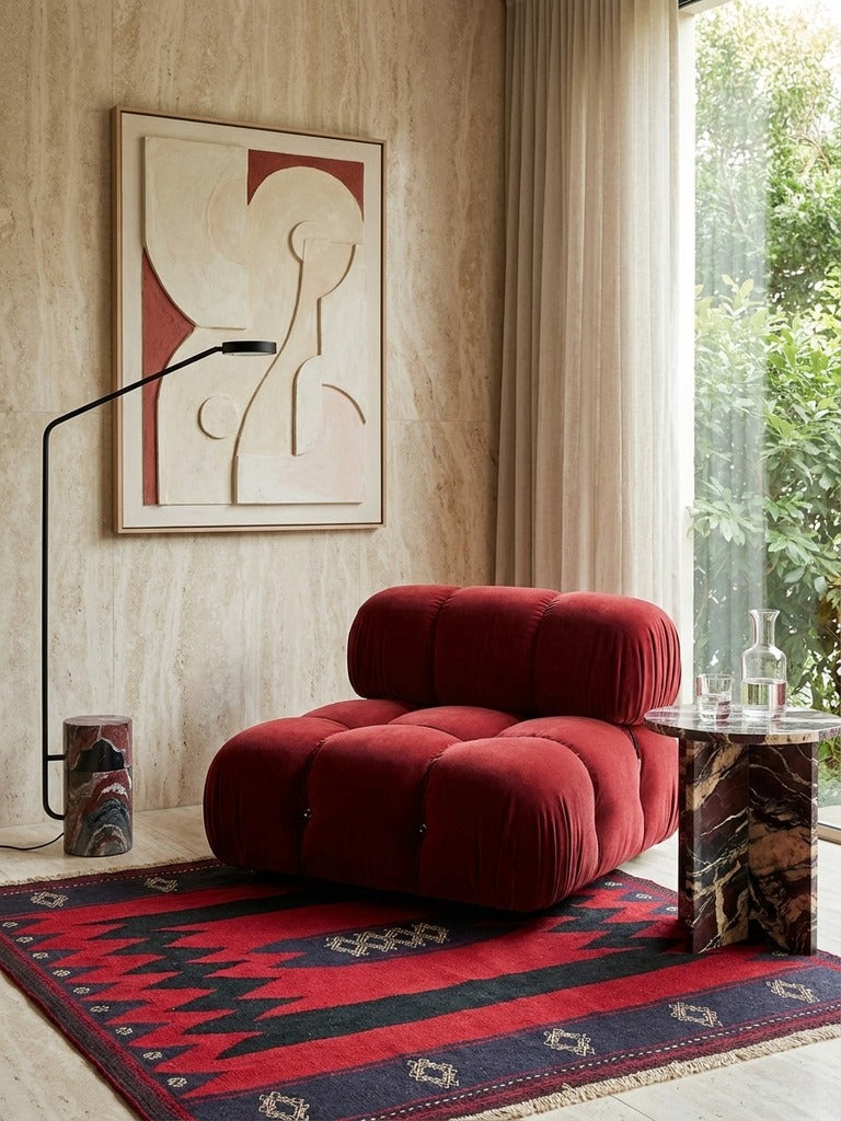 Sofreh Afshar — Handmade, 120x121 cm, Red, 100% Virgin Wool | Detail view