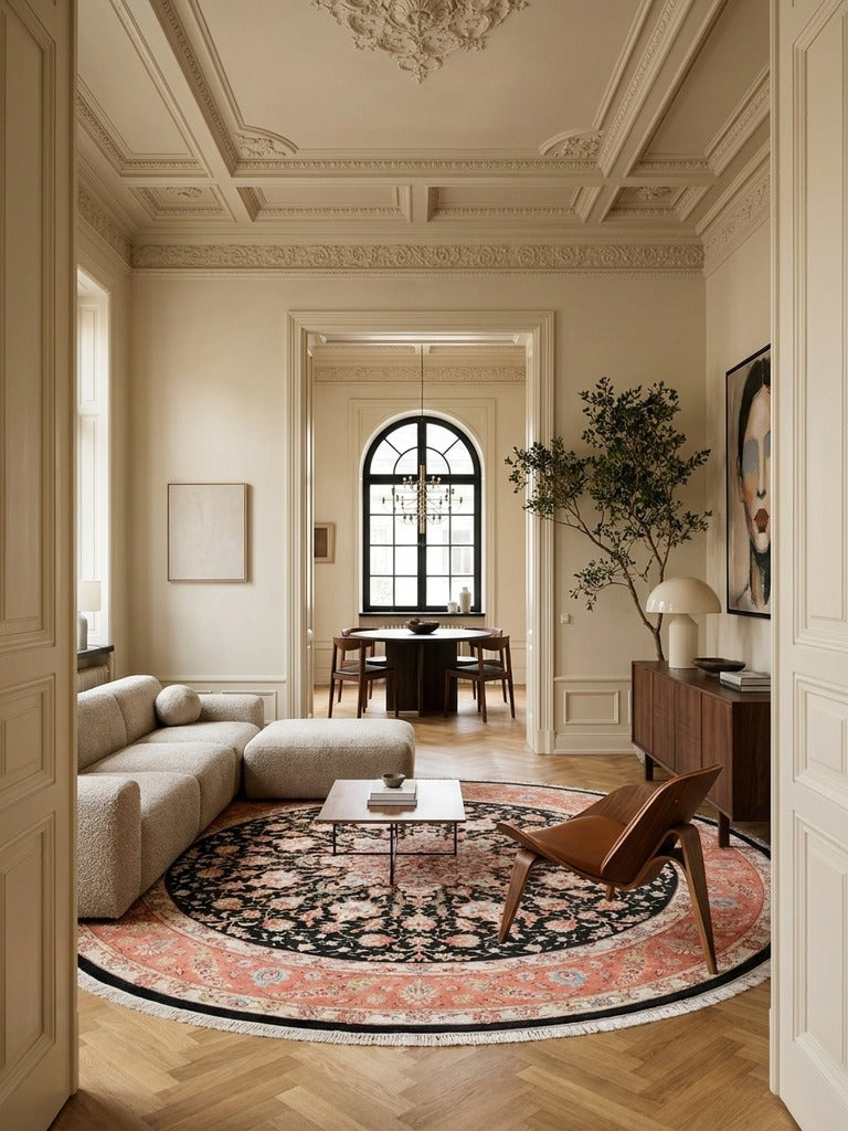 Tabriz Round — Hand-knotted, 244x244 cm, Black, 80% Schurwolle, 20% Seide | Detail view
