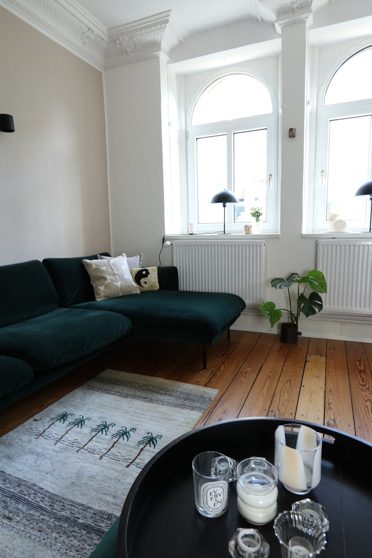 Green sofa and rug with palm tree pattern on wooden floor in a bright living room.